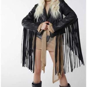 Black Vegan Leather Jacket with Long Fringes
